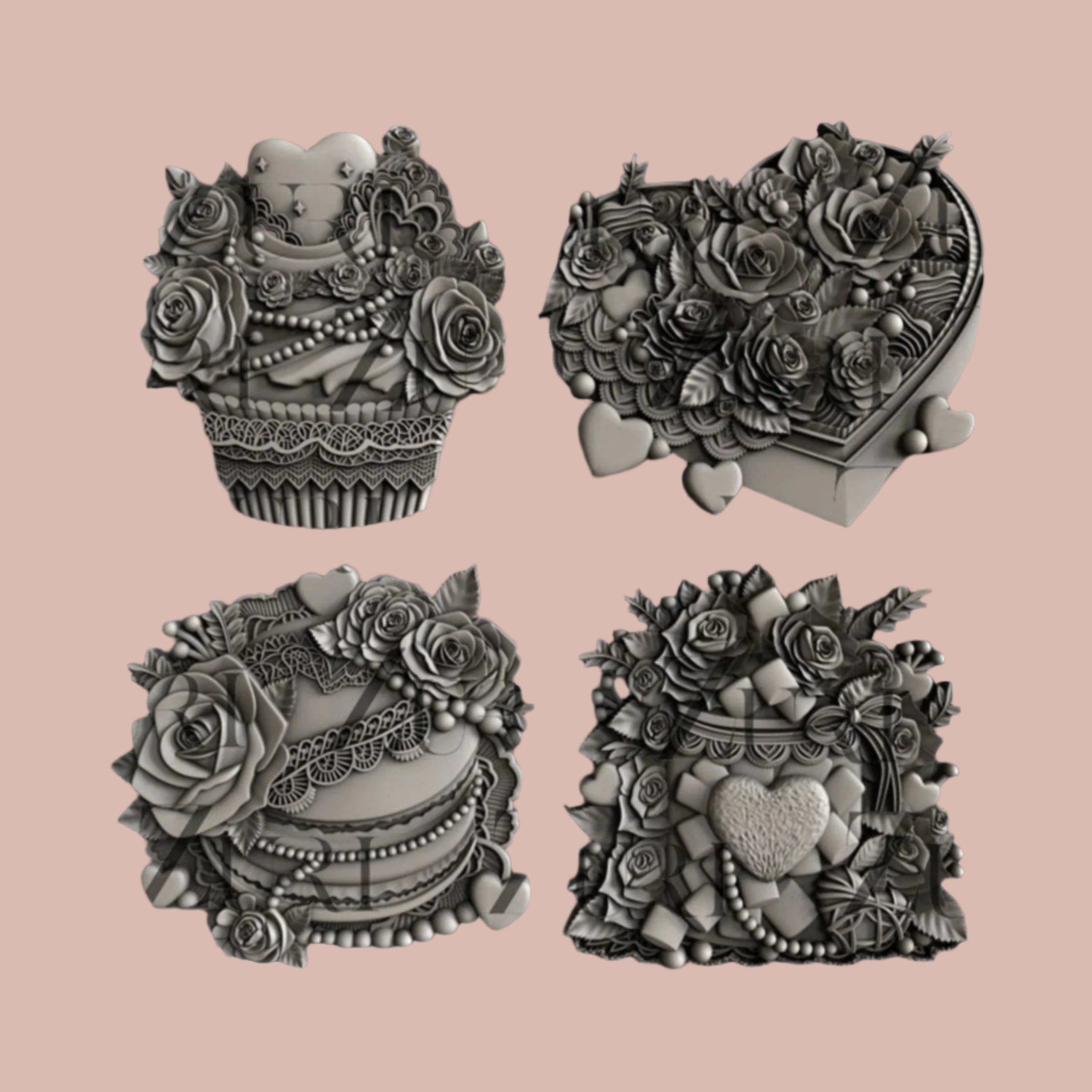 Four silver colored silicone mold castings of Valentine's Day chocolate boxes and gift boxes ornately decorated in hearts and flowers are against a light pink background.