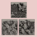 Silver colored castings of 3 tiles featuring butterflies, flowers and calligraphy are against a light pink background.
