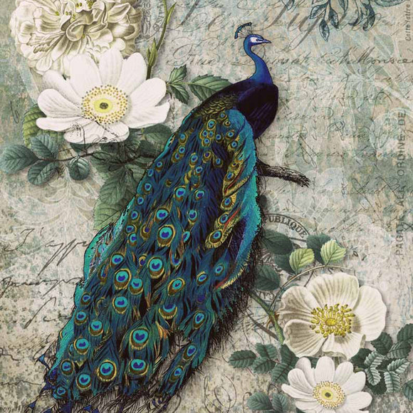Close-up of a rice paper design that features a large peacock on a branch with green foliage and white flowers against a vintage parchment background with a lace border at the top.