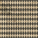 Close-up of a rice paper design that features a vintage black harlequin pattern with translucent script writing.