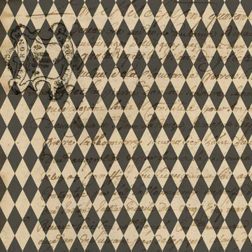 Close-up of a rice paper design that features a vintage black harlequin pattern with translucent script writing.