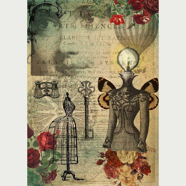 A2 rice paper design of vintage magazine parchment that features Victorian dress forms, a vintage key, a hot air balloon, binoculars, and red roses.