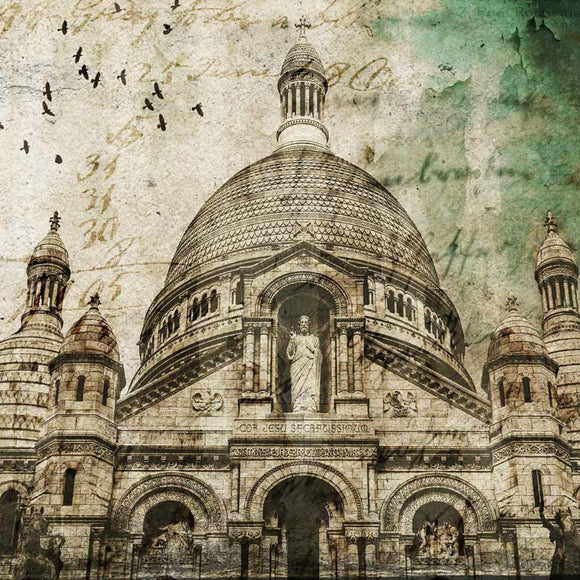 Close up of a vintage Cathedral rice paper design.