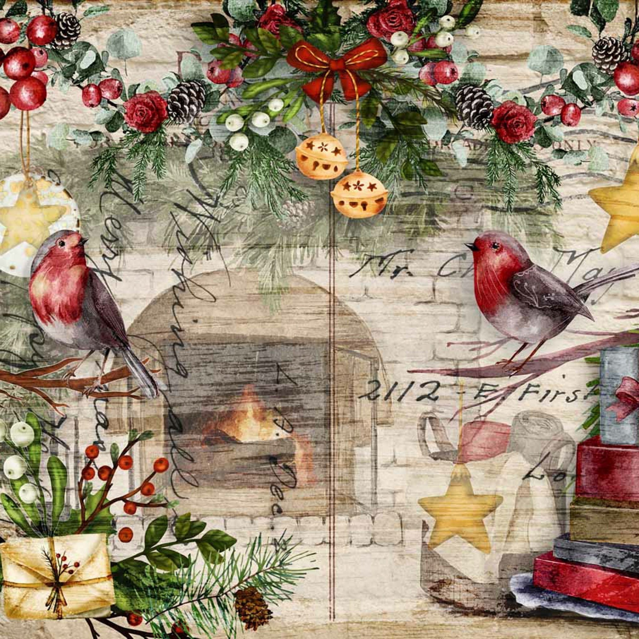 A3 rice paper design that features red robins and holiday garland against a faded background of a white brick-lined fireplace.