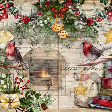 A3 rice paper design that features red robins and holiday garland against a faded background of a white brick-lined fireplace.
