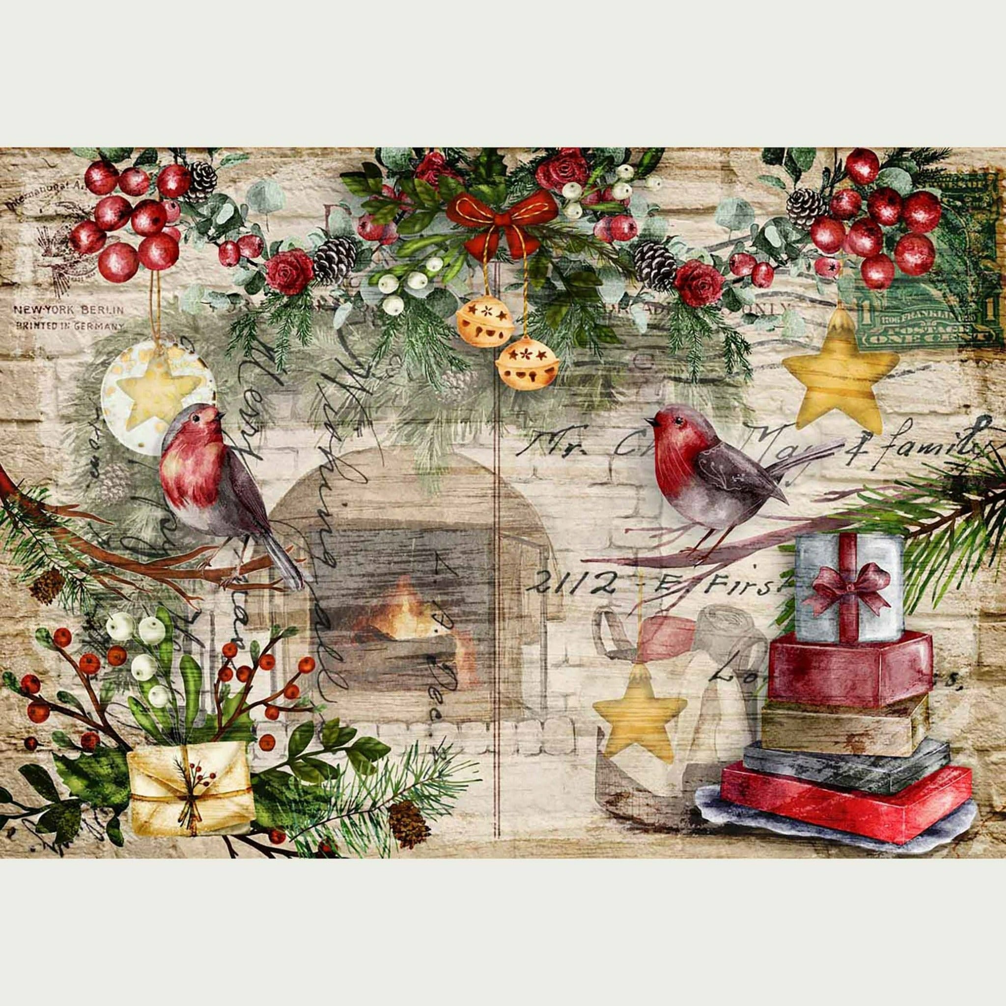 A2 rice paper design that features red robins and holiday garland against a faded background of a white brick-lined fireplace. White borders are on the top and bottom.