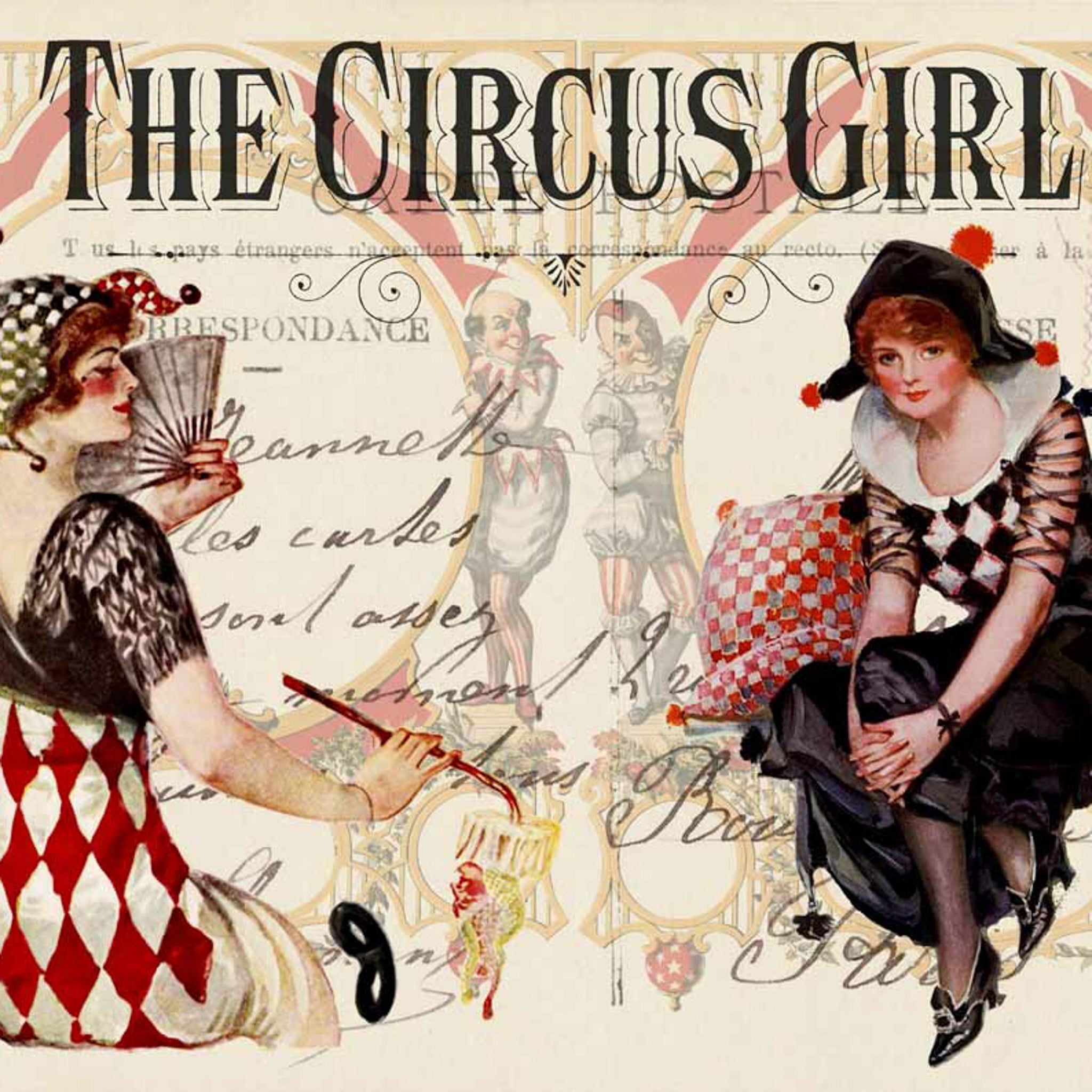 A2 rice paper design of a vintage circus poster that features women in harlequin costumes.