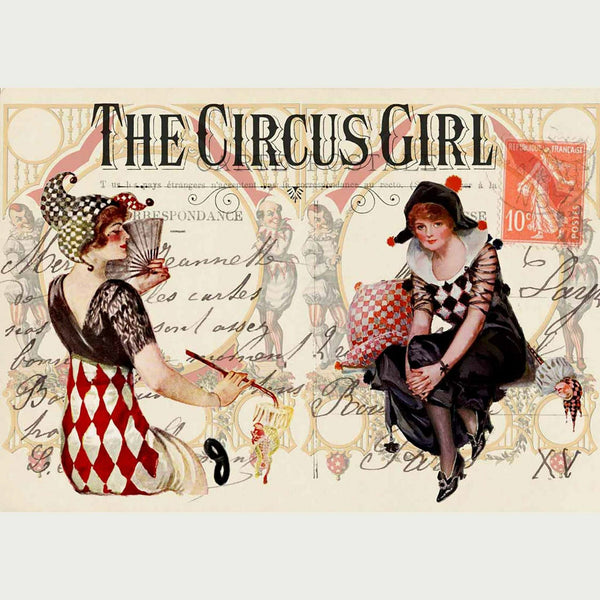 A2 rice paper design of a vintage circus poster that features women in harlequin costumes. White borders on the top and bottom.