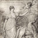 Close-up of a rice paper that features a stunning black and white design of the goddess Juno and Cupid, adorned with an exotic bird and ancient script.