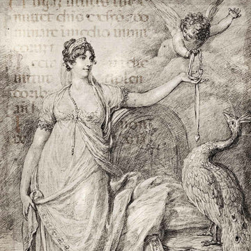 Close-up of a rice paper that features a stunning black and white design of the goddess Juno and Cupid, adorned with an exotic bird and ancient script.