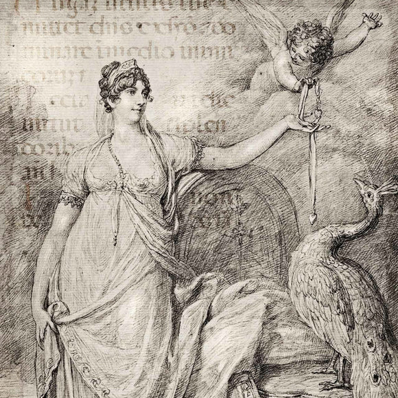 Close-up of a rice paper that features a stunning black and white design of the goddess Juno and Cupid, adorned with an exotic bird and ancient script.