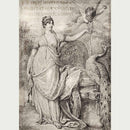 Rice paper that features a stunning black and white design of the goddess Juno and Cupid, adorned with an exotic bird and ancient script. White borders on the sides.