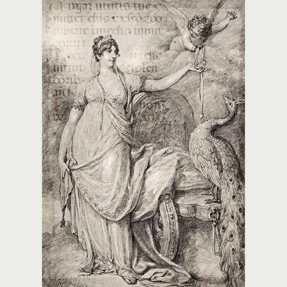 Rice paper that features a stunning black and white design of the goddess Juno and Cupid, adorned with an exotic bird and ancient script. White borders on the sides.