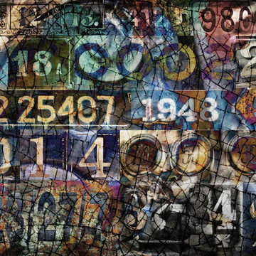 Close-up of a rice paper design featuring a collage of number combinations with a crackle finish.