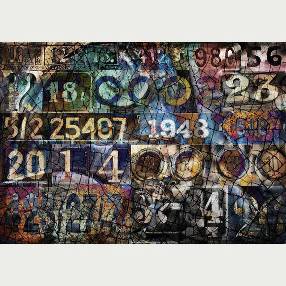 Rice paper design featuring a collage of number combinations with a crackle finish.. White borders on the top and bottom.