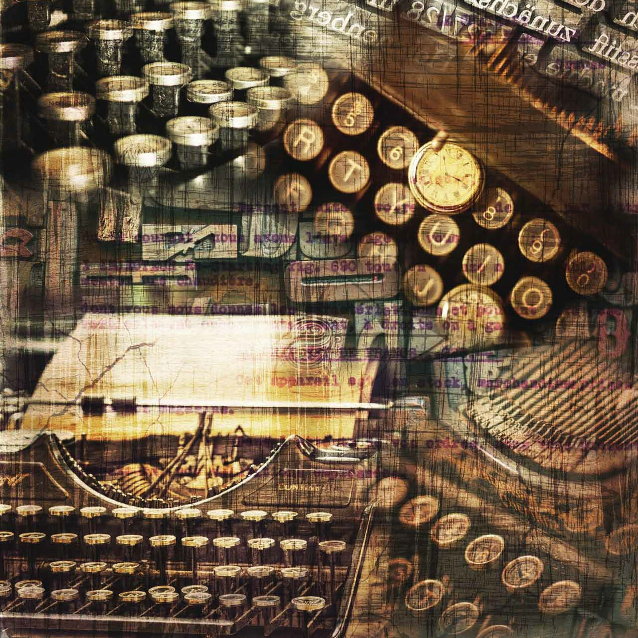 Close-up of a rice paper that features a sepia colored collage of vintage typewriters and letter presses.