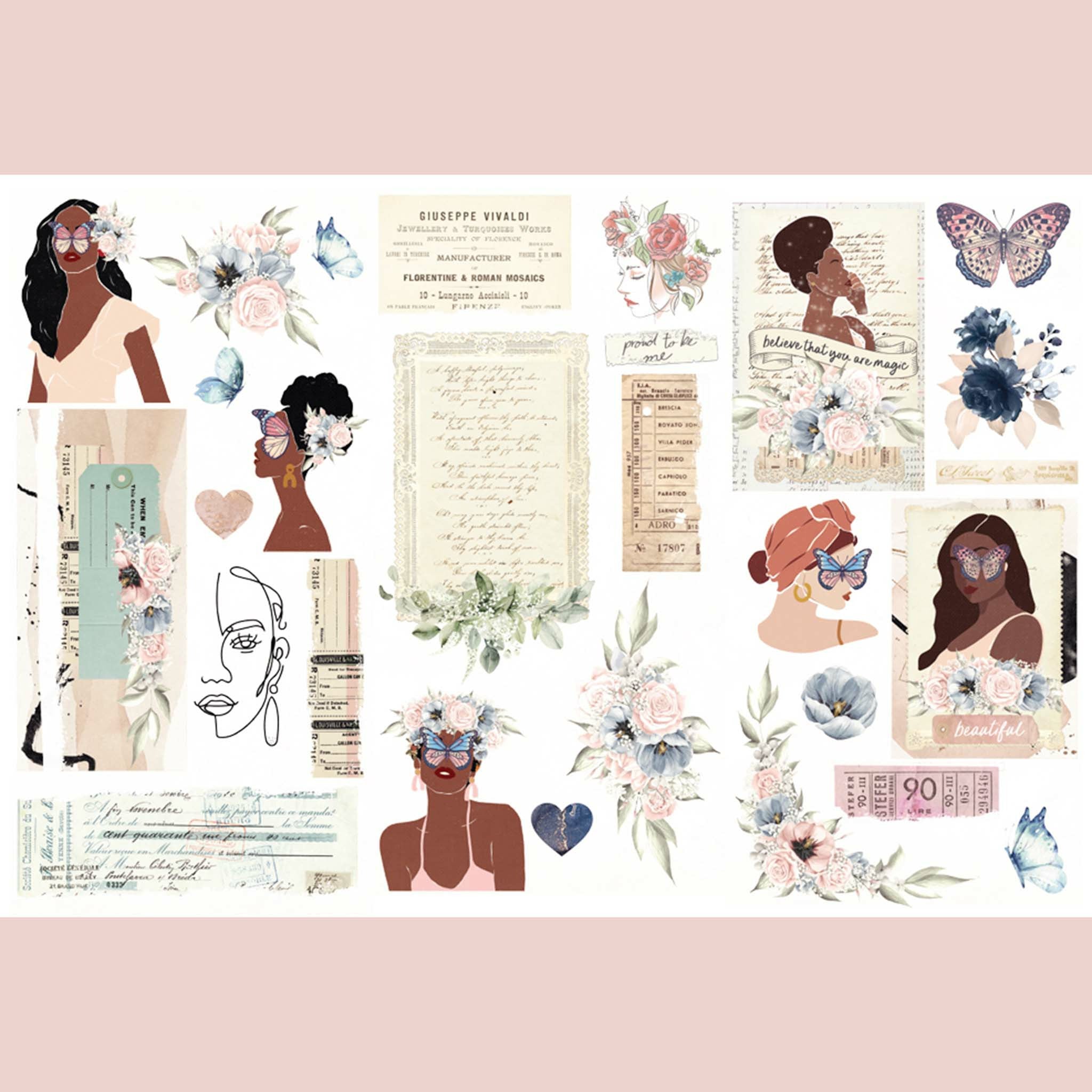 Multiple small transfer designs featuring women of color, butterflies, and vintage notes. Pink borders on the top and bottom.