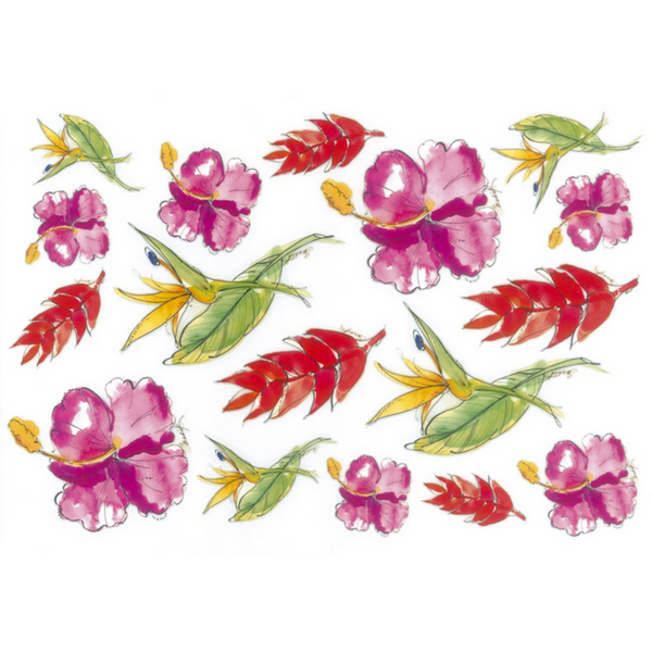 Scrapbooking transfer that features watercolor pink, red, and yellow with green foliage flowers.