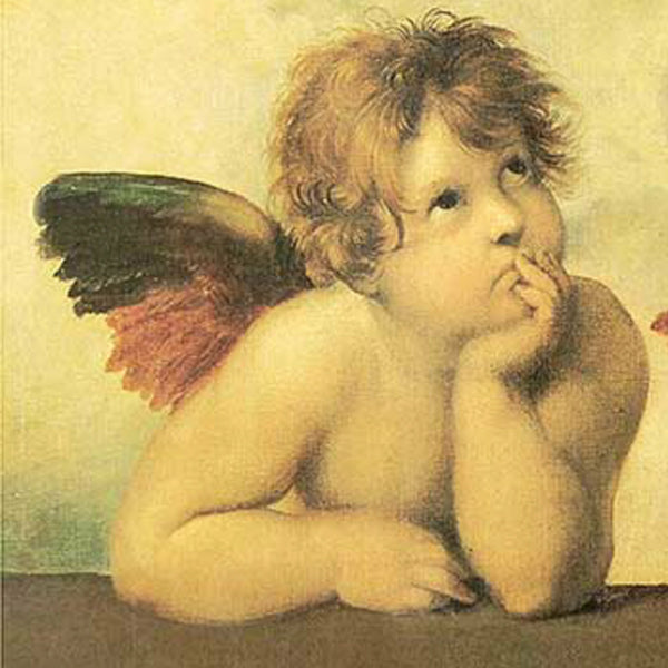 Close up of a vintage Cherub painting decoupage rice paper.