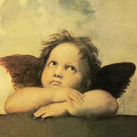 Close up of a vintage Cherub painting decoupage rice paper.