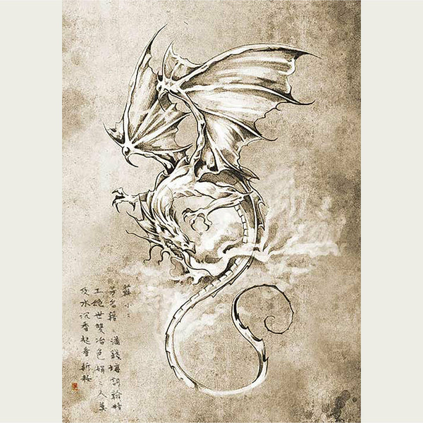 A2 rice paper design that features a drawing of a flying dragon on vintage parchment with Japanese writing at the bottom left corner. White borders are on the sides.