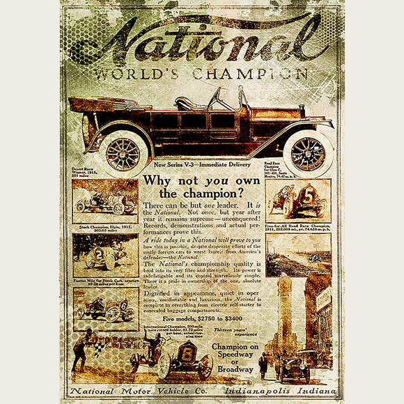 Rice paper design that features a vintage magazine page of a National World's Champion race car. White borders are on the sides.