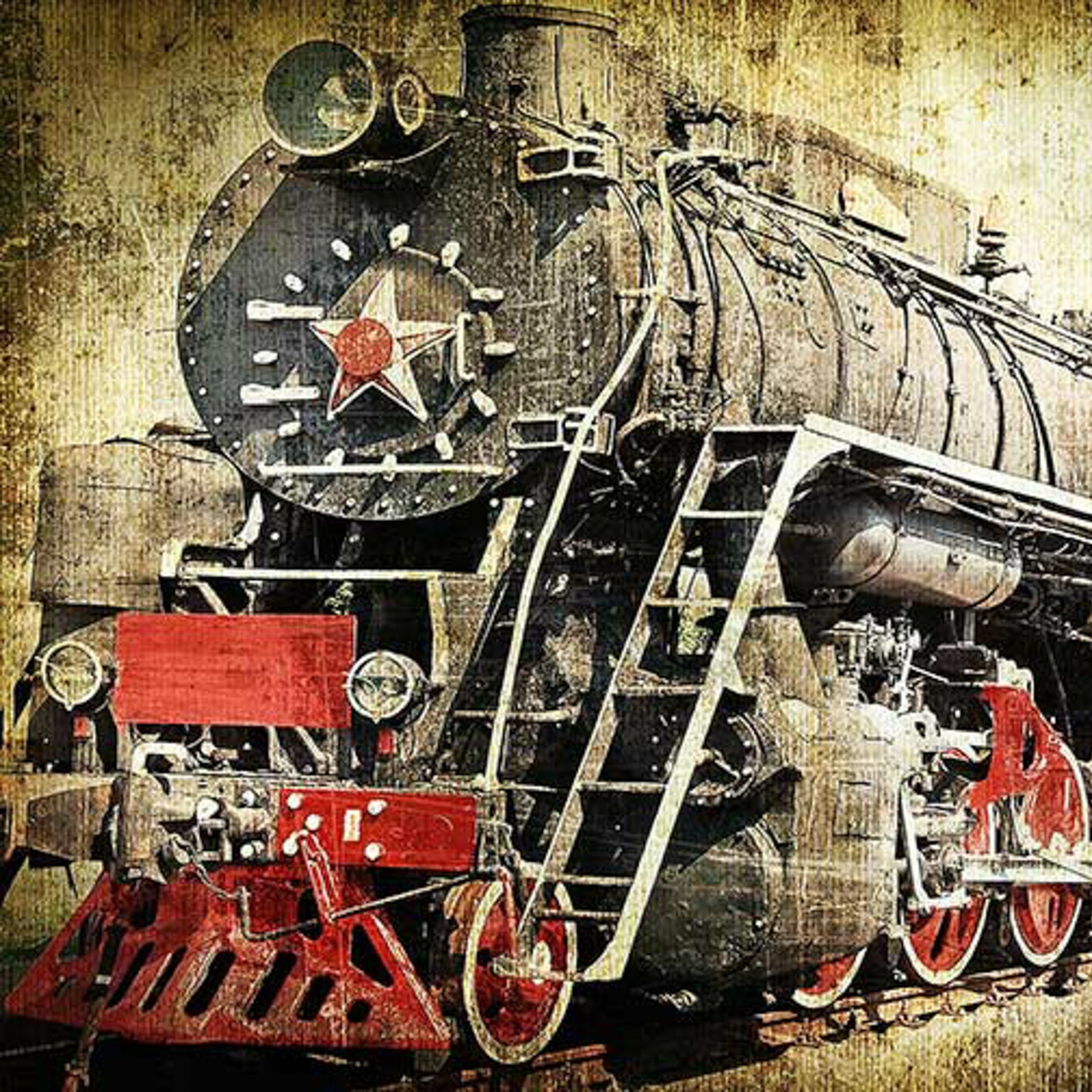 A2 rice paper design that features a vintage red and black train.