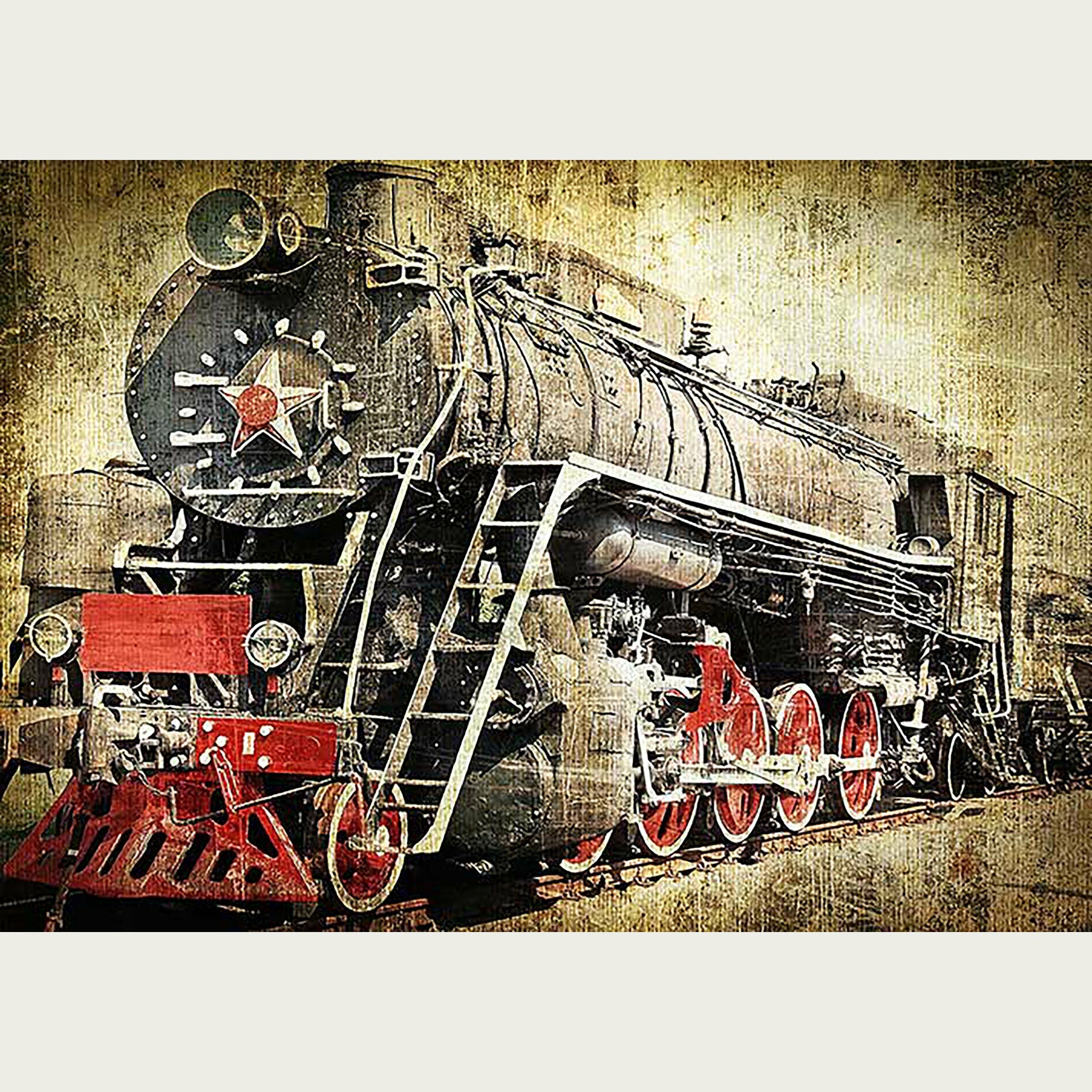 A2 rice paper design that features a vintage red and black train. White borders on the top and bottom.