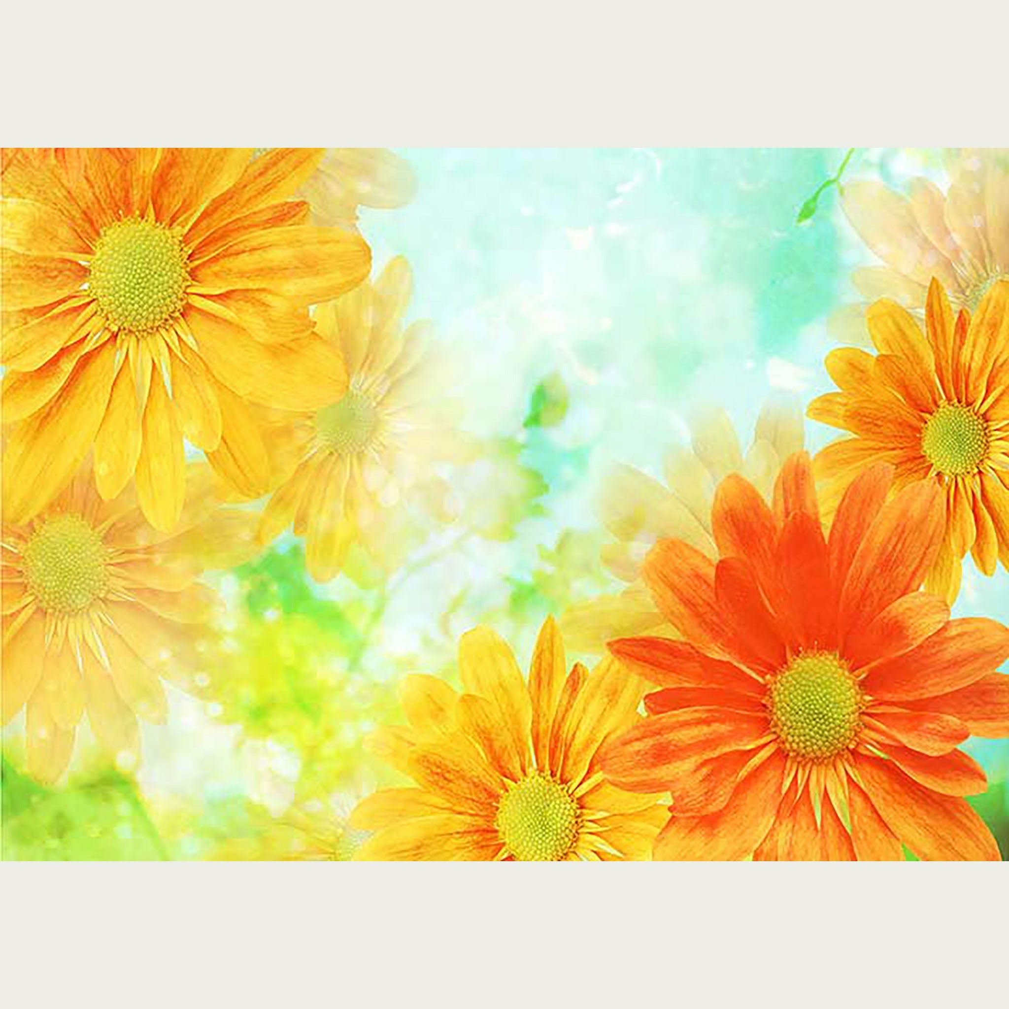Colorful Orange Sunny Floral rice paper design. White borders on the top and bottom.