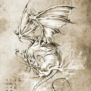 A2 rice paper design that features a drawing of a flying dragon on vintage parchment with Japanese writing at the bottom left corner.