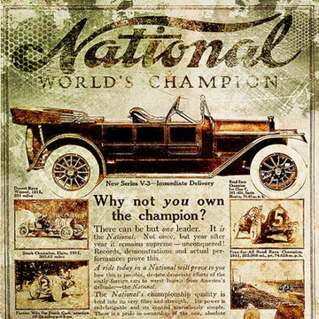 Close-up of a rice paper design that features a vintage magazine page of a National World's Champion race car.