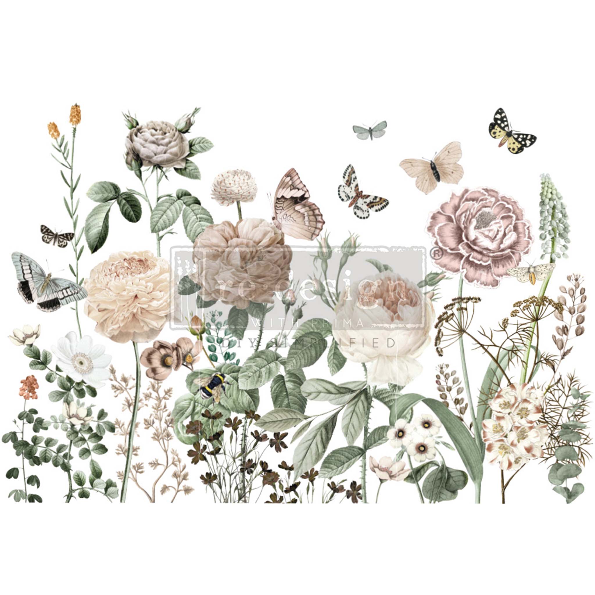 Rub-on transfer design of lightly colored wildflowers and butterflies.