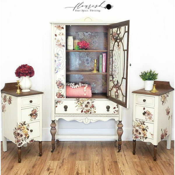 Cream colored cabinet and 2 night stands with the Sunflower Farms transfer on top. A black Flourish your space thriving logo at the top.