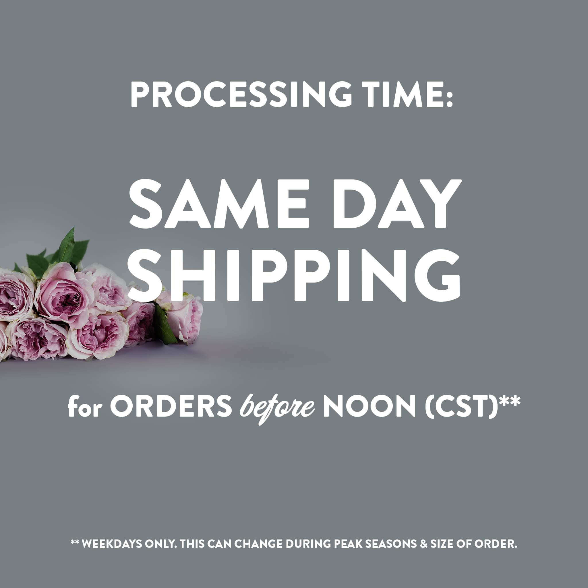 A grey background with a bouquet of roses. White text that reads Processing Time: Same day shipping for orders before noon (CST)**. At the very bottom in smaller text reads: ** Weekdays only. This can change during peak seasons & size of order.
