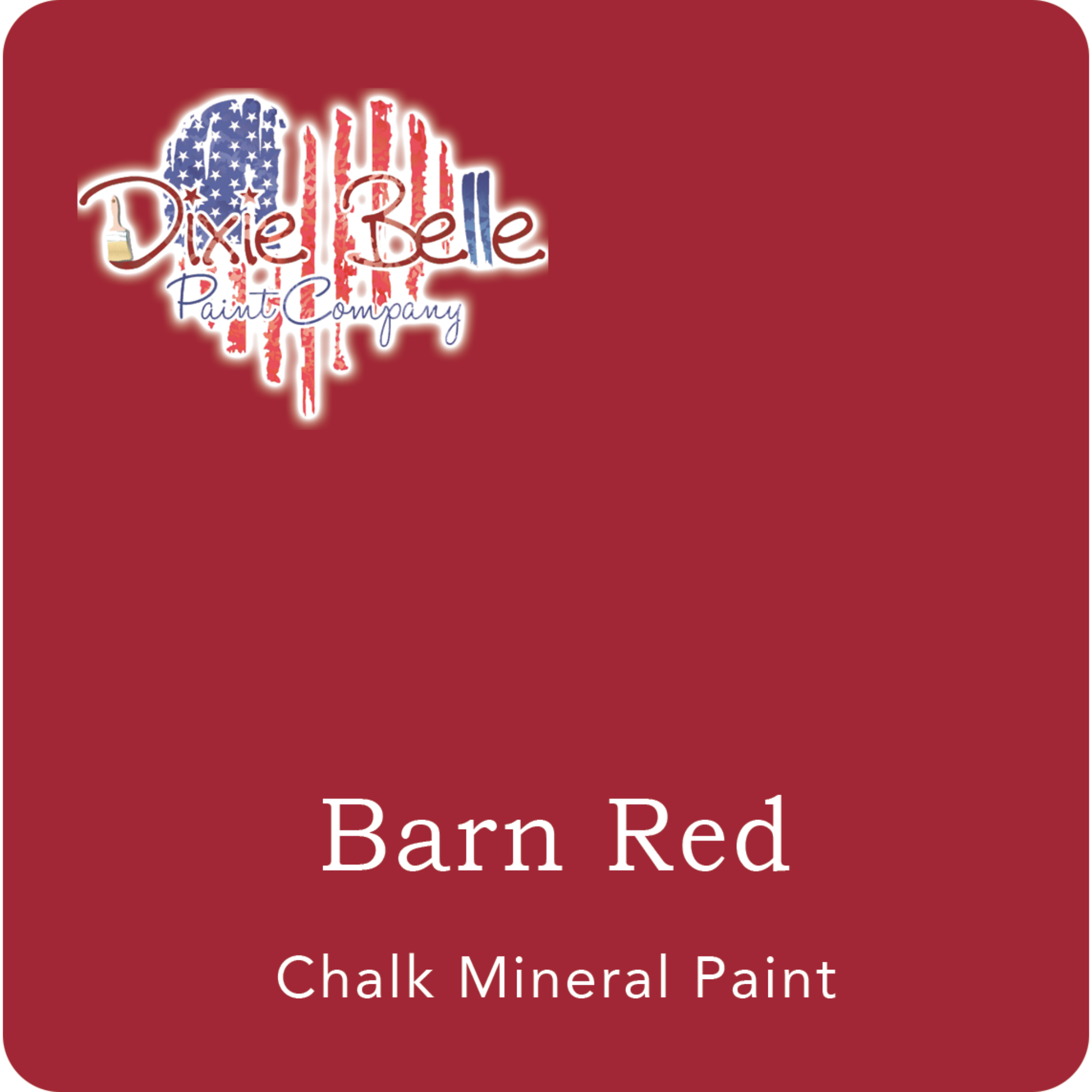 A square swatch card of Dixie Belle Paint Company’s Barn Red Chalk Mineral Paint. This color is a warm red.