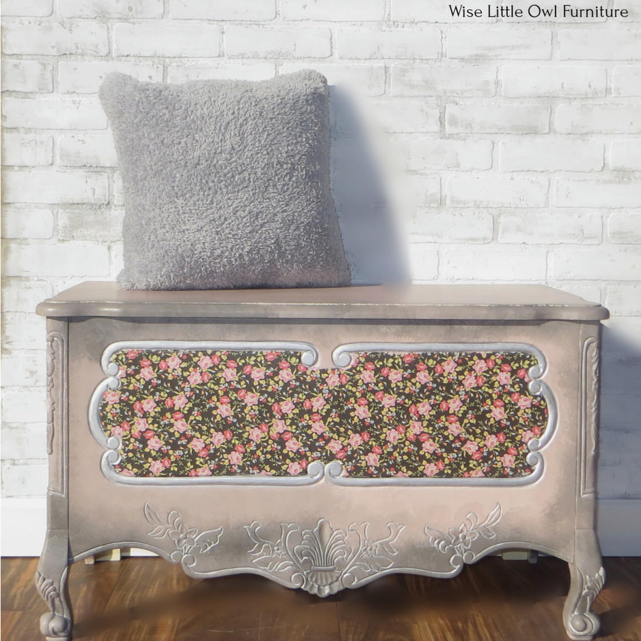 A vintage storage chest refurbished by Wise Little Owl Furniture is painted a soft pink and features the Peony Pattern A1 rice paper.