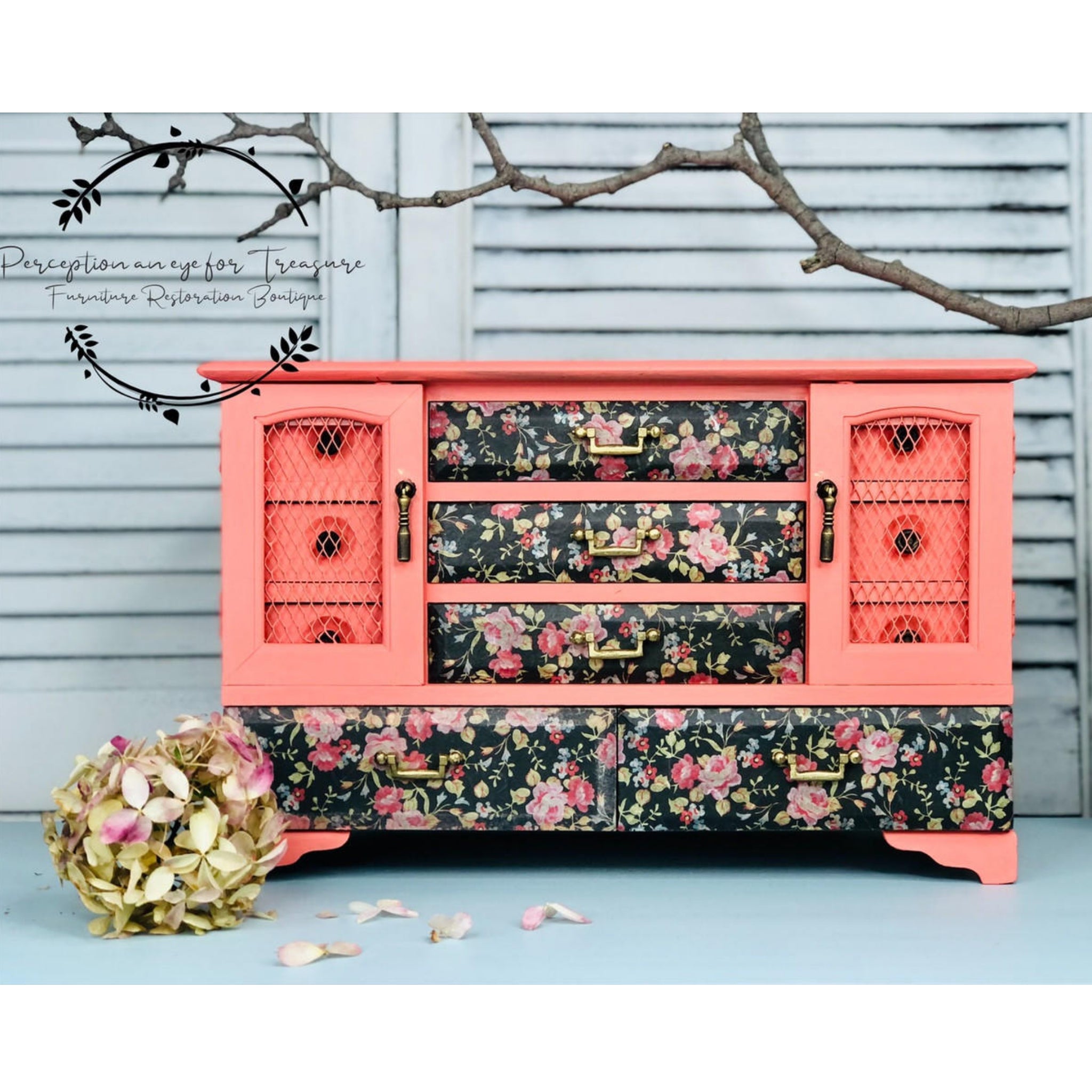 A vintage dresser refurbished by Perception an eye for Trasure, Furiture Restoration Boutique, is painted coral pink and features the Peony Pattern A1 rice paper on its drawers.
