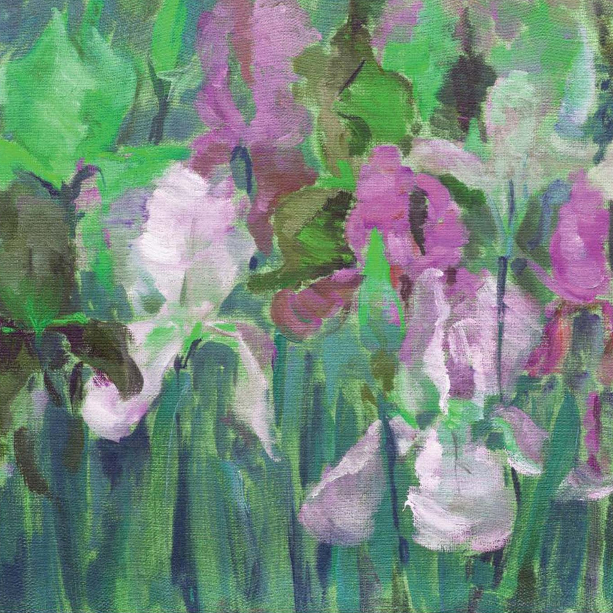 A1 rice paper that features a close-up of watercolor painted blooming iris flowers.