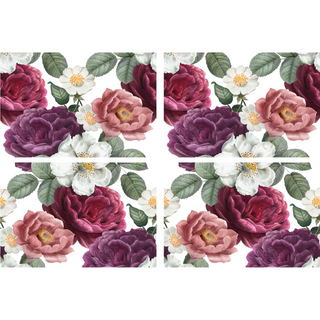 Big and Small dark red, white, purple, and pink flowers with green leaves on a solid white background spread out and pre cut into 4 sheets.