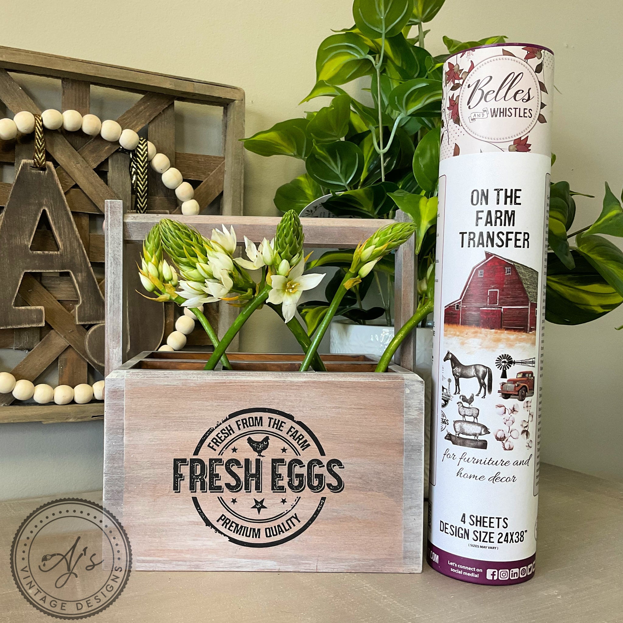 A container for Belles & Whistles On the Farm transfer and a wood tool box refurbished by Aj's Vintage Designs features the Fresh Eggs, Fresh from the Farm Premium Quality transfer on it. 