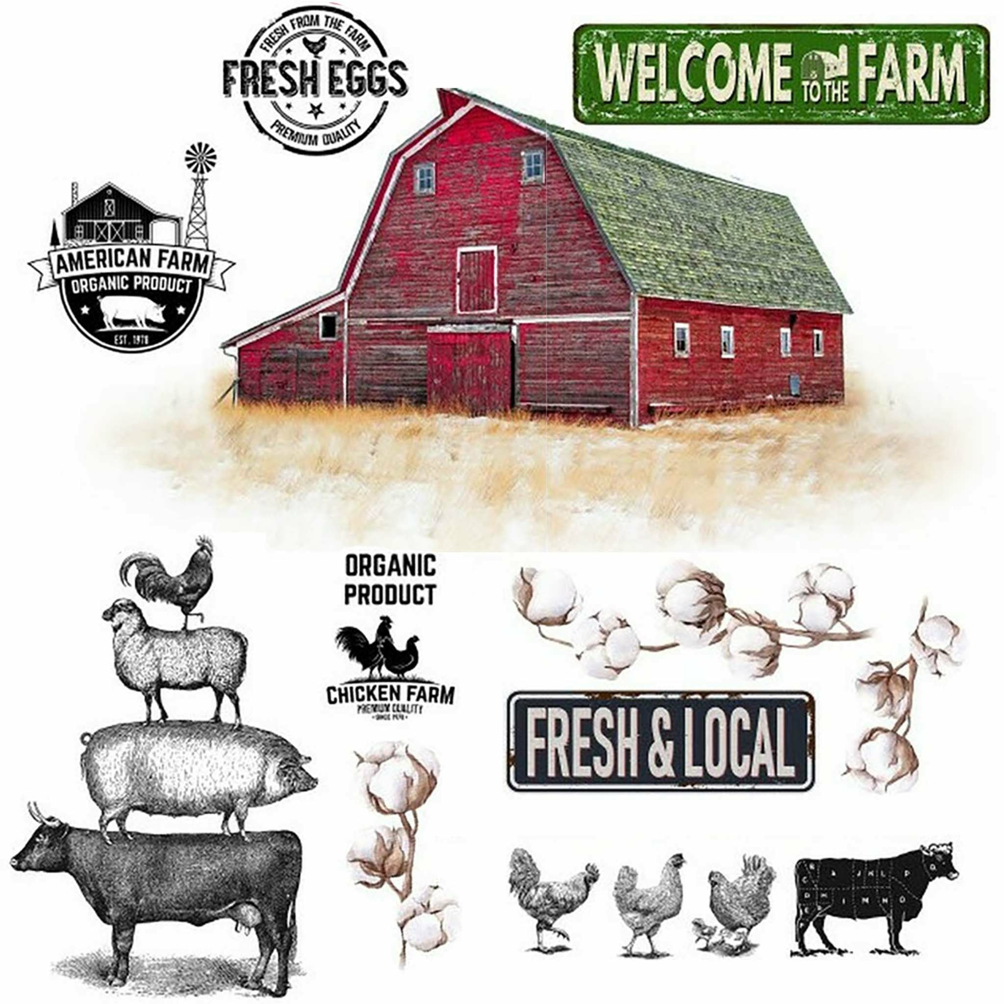 Close-up of a rub-on transfer that features a large red farm barn, farm signs, cotton plants, and drawings of farm animals.