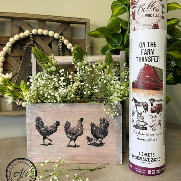 A container for Belles & Whistles On the Farm transfer and a wood tool box refurbished by Aj's Vintage Designs features the 3 drawn chickens transfer on it.