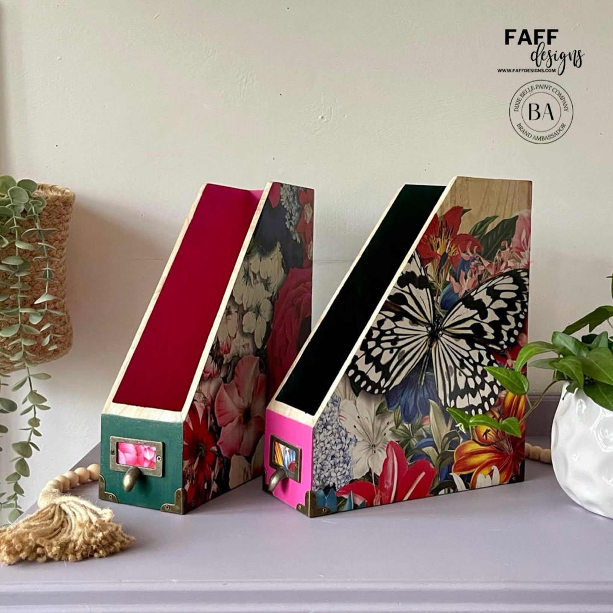 Two vintage letter holder boxes refurbished by Faff Designs, a Dixie Belle Paint Company Brand Ambassador, feature the Whimsical Wonderland Transfer on them.