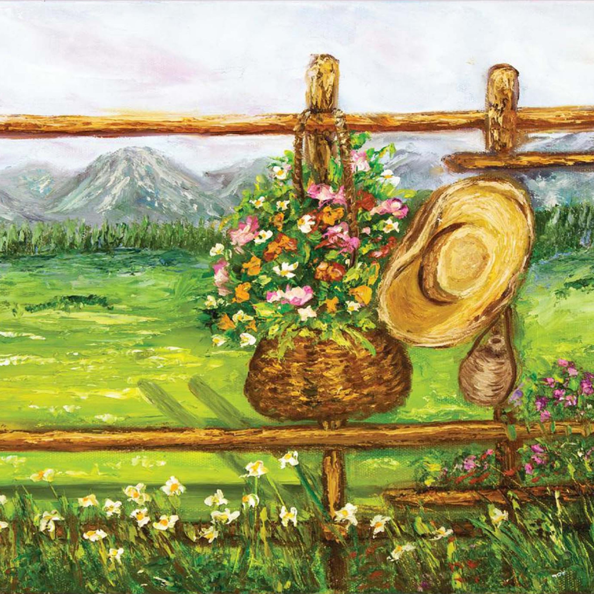 Close-up of an A1 rice paper design that features a painting of a wood fence with a basket of flowers and hat hanging on it. In the background is a grass field and mountains in the distance.