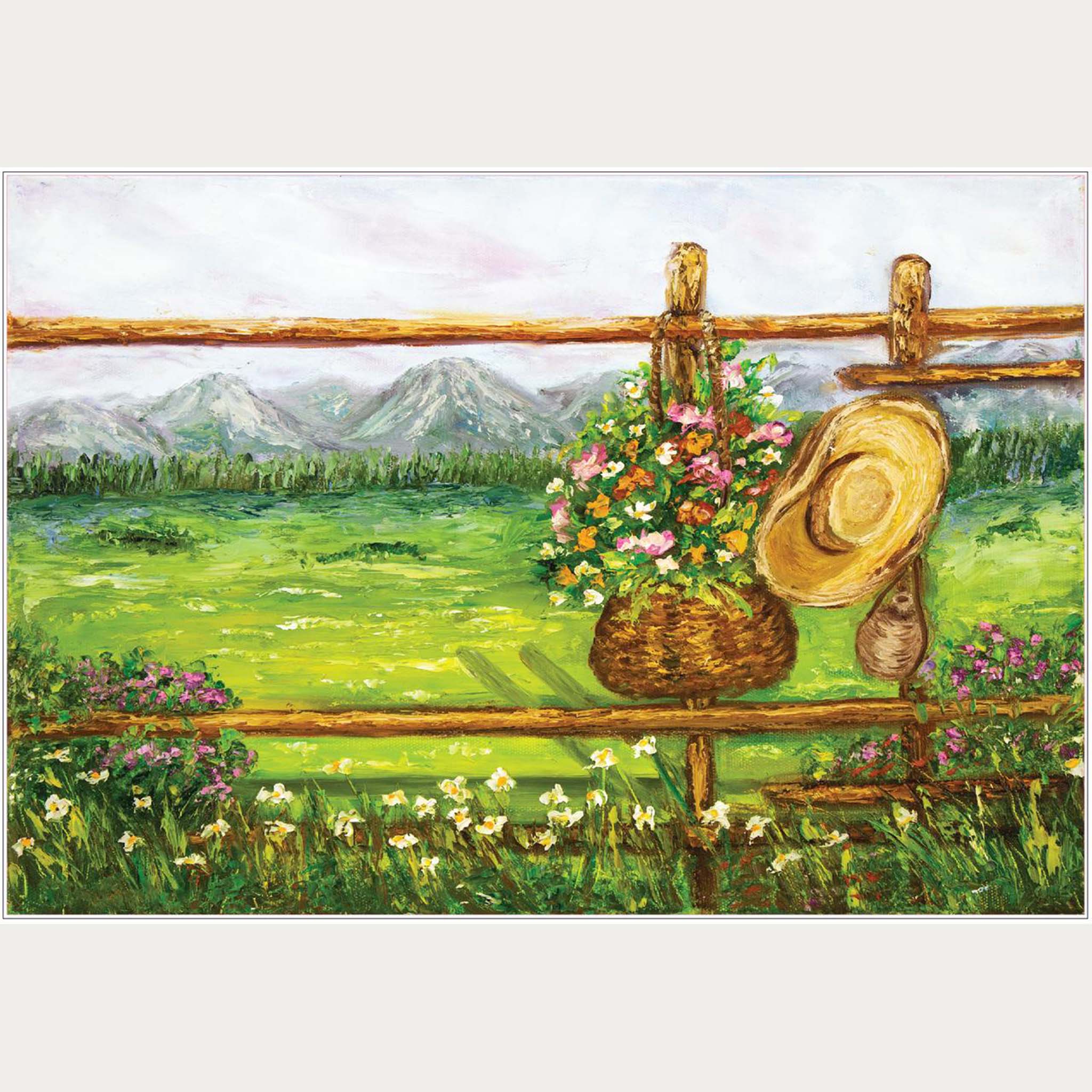 A1 rice paper design that features a painting of a wood fence with a basket of flowers and hat hanging on it. In the background is a grass field and mountains in the distance.