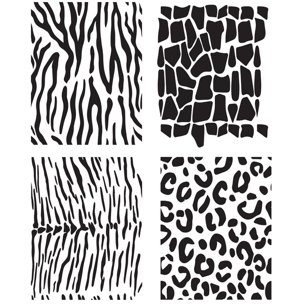 Four stencils that feature safari animal coat patterns are on a white background.