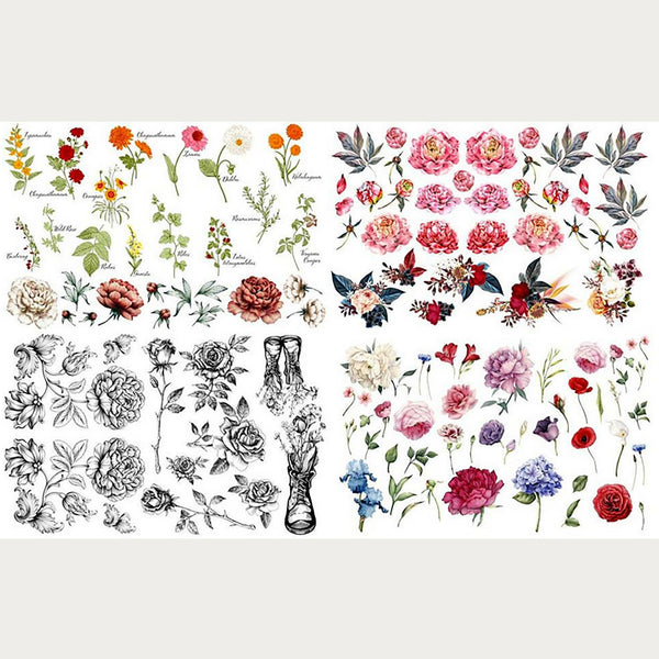 Many multiple different colorful flower designs.
