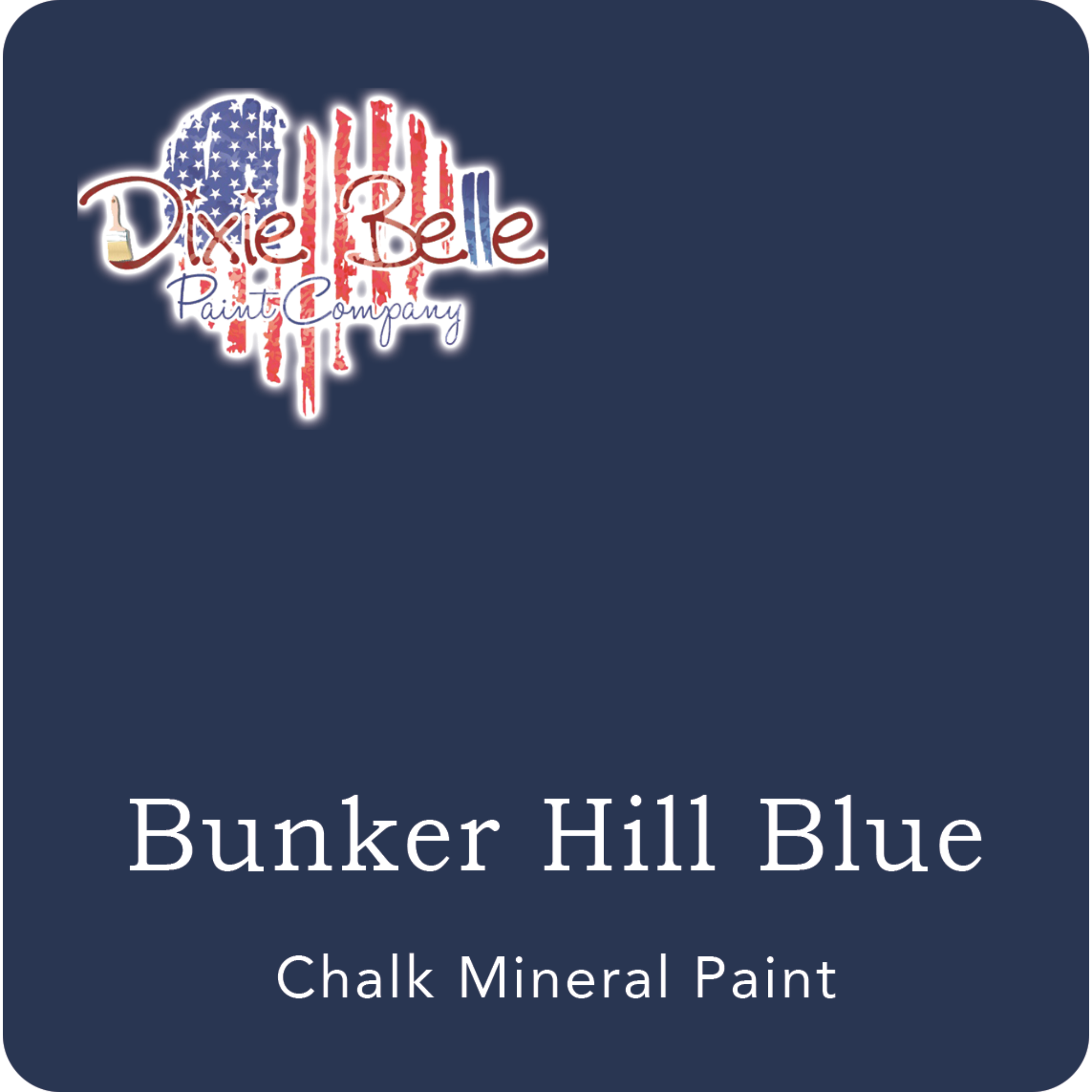 A square swatch card of Dixie Belle Paint Company’s Bunker Hill Blue Chalk Mineral Paint. This color is a rich indigo blue.
