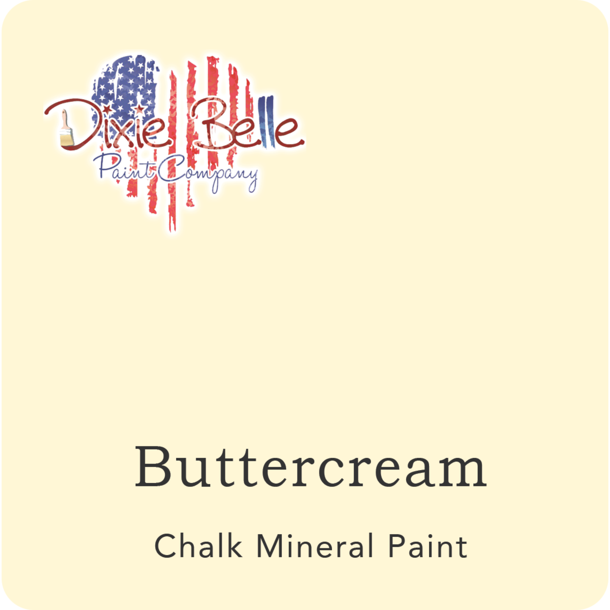 A square swatch card of Dixie Belle Paint Company’s Buttercream Chalk Mineral Paint. This color is a rich white with yellow undertones.