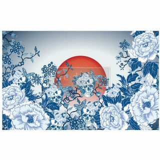 The Skull Chinoiserie has large orange-red sun peeking from behind blue and white carnations and skulls; the skulls are blended in the flowers, making them feel like flowers, too. A transparent Redesign logo on top. White borders on the sides.
